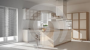 Unfinished project of modern wooden and white kitchen with island, stools and windows, parquet herringbone