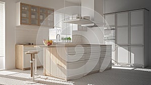 Unfinished project of modern wooden and white kitchen with island, stools and windows, parquet herringbone