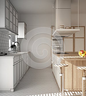 Unfinished project of modern wooden and white kitchen with island, stools and windows, parquet herringbone