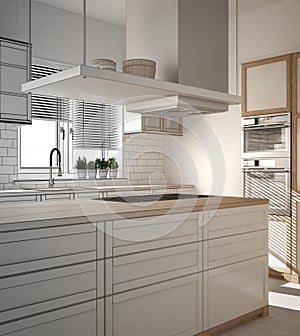 Unfinished project of modern wooden and white kitchen with island, stools and windows, parquet herringbone