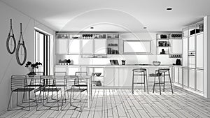 Unfinished project of penthouse minimalist kitchen interior design, dining table, island with stools, parquet, modern architecture