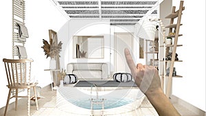 Unfinished project, under construction draft, concept interior design sketch, hand pointing real cosy bathroom with big round