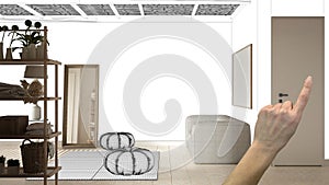 Unfinished project, under construction draft, concept interior design sketch, hand pointing real cosy bathroom with sofa and