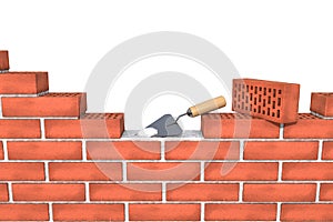 Unfinished red brick wall with mortar, trowel on white background isolated.