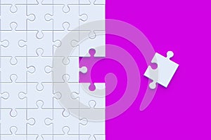 Unfinished white puzzle jiggle pieces on violet background. Educational games