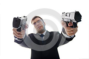 Unfocused criminal businessman with guns