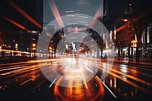 An unfocused image of an urban road at nighttime, filled with moving cars and a clock-bearing structure on the