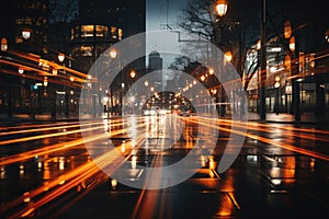 An unfocused image of an urban road at nighttime, filled with moving cars and a clock-bearing structure on the