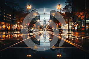 An unfocused image of an urban road at nighttime, filled with moving cars and a clock-bearing structure on the