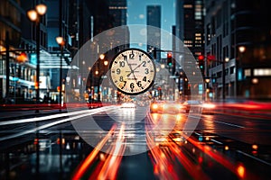 An unfocused image of an urban road at nighttime, filled with moving cars and a clock-bearing structure on the