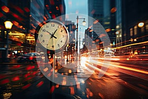 An unfocused image of an urban road at nighttime, filled with moving cars and a clock-bearing structure on the