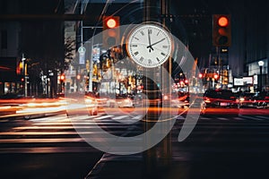 An unfocused image of an urban road at nighttime, filled with moving cars and a clock-bearing structure on the