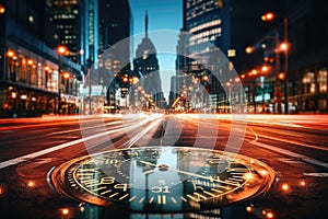 An unfocused image of an urban road at nighttime, filled with moving cars and a clock-bearing structure on the