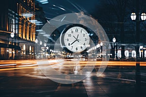 An unfocused image of an urban road at nighttime, filled with moving cars and a clock-bearing structure on the