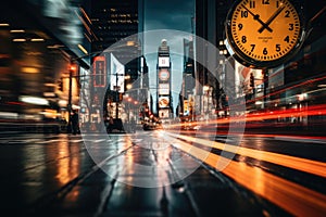 An unfocused image of an urban road at nighttime, filled with moving cars and a clock-bearing structure on the