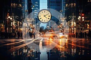 An unfocused image of an urban road at nighttime, filled with moving cars and a clock-bearing structure on the