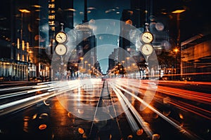 An unfocused image of an urban road at nighttime, filled with moving cars and a clock-bearing structure on the