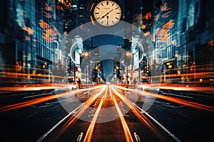 An unfocused image of an urban road at nighttime, filled with moving cars and a clock-bearing structure on the