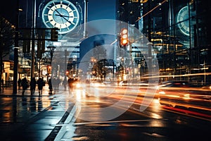 An unfocused image of an urban road at nighttime, filled with moving cars and a clock-bearing structure on the