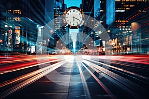 An unfocused image of an urban road at nighttime, filled with moving cars and a clock-bearing structure on the