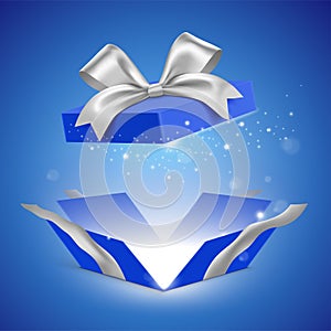 Unfolded blue gift box with silver ribbon and glitter light shining from inside. Magical gift vector illustration.