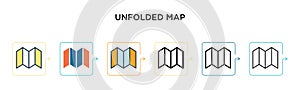 Unfolded map vector icon in 6 different modern styles. Black, two colored unfolded map icons designed in filled, outline, line and