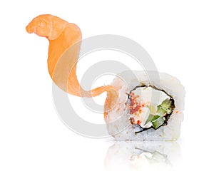 Unfolded sushi roll close up isolated on a white background