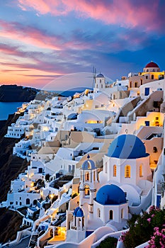 Unforgettable sunset of Santorini, with romantic ambience, iconic whitewashed buildings, cobalt-blue domes, sea, cliffs, travel