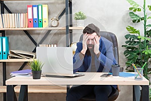 Unforgivable mistake. Falling stock prices. Man bearded boss sit office with laptop. Manager solving business problems