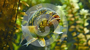 An unfortunate fish its gills and scales covered in a thick layer of brown and green algae struggling to breathe and
