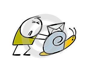 Unfortunate stickman pushes a slow insect. Vector illustration of snail crawling, carrying envelope paper letter