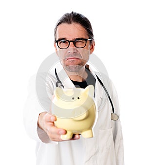 Unfriendly doctor with piggy bank