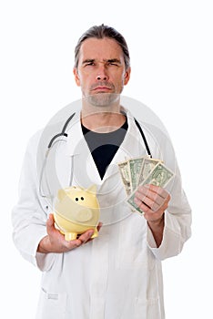 Unfriendly doctor with piggy bank