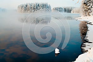 Unfrozen lake in the winter forests