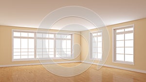 Unfurnished Corner of the Room with Beige Walls, Three Large White Windows