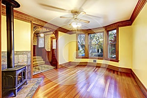 Unfurnished living room with fireplace, hardwood floor and paste photo