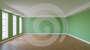 Unfurnished Room with Green Walls, White Ceiling Cornice, Three Large Windows