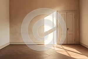 Unfurnished room in an old apartment filled with sunshine light. Empty bright room with wooden floor and concrete walls in warm