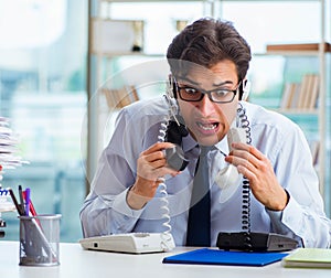 Unhappy angry call center worker frustrated with workload