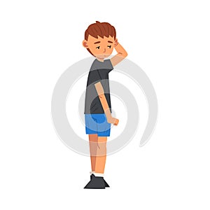Unhappy Boy Scratching His Head, Cute Sad Child Wearing Shorts and Tshirt Vector Illustration