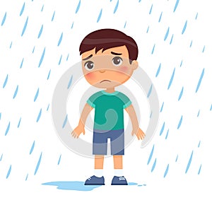 Unhappy boy under rain flat vector illustration. Sad preteen child in bad rainy weather.