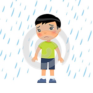 Unhappy boy under rain flat vector illustration. Sad preteen child in bad rainy weather.