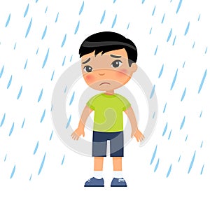 Unhappy boy under rain flat vector illustration. Sad preteen child in bad rainy weather. photo