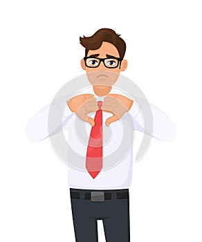 Unhappy business man showing, making, gesturing thumbs down sign with hand fingers. Dislike, bad, disagreement, disgust.