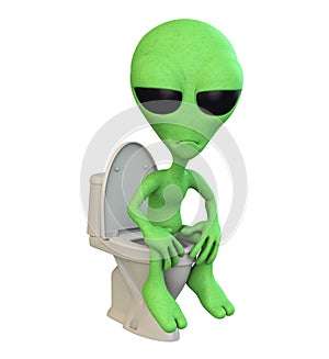 Unhappy Cartoon Alien sitting on Toilet