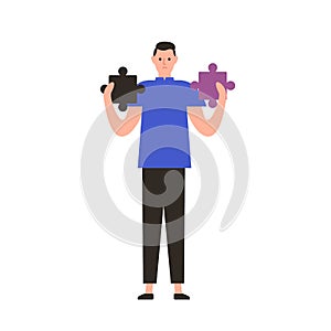 Unhappy cartoon man holding inappropriate jigsaw puzzle pieces vector flat illustration. Concept of problem solving