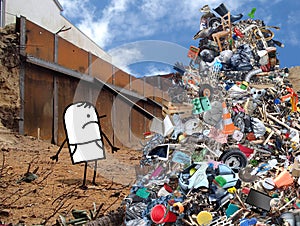 Unhappy cartoon man watching a big pile of garbage, on a landfill photo