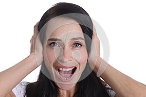 Unhappy caucasian female tenant or tenant covers ears hands hates noise of house