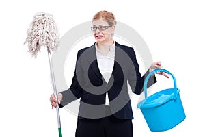 Unhappy disgusted businesswoman cleaning