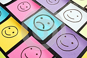 Unhappy face and drawn smiles faces. Satisfaction survey and customer service experience